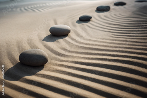 Zen stones in the sand: spa therapy symbolizing purity, harmony and balance. Generative Ai.
