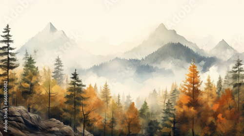 A scenic landscape painting of a peaceful forest with majestic mountains in the distance