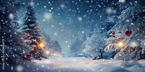 Winter snow evening landscape with decorated christmas trees in the forest.