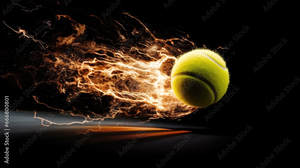 A tennis ball traveling at a very fast speed and leaving a trail of sparks