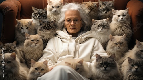 Old granny in glasses cat lady sitting in a chair with her many cats photo
