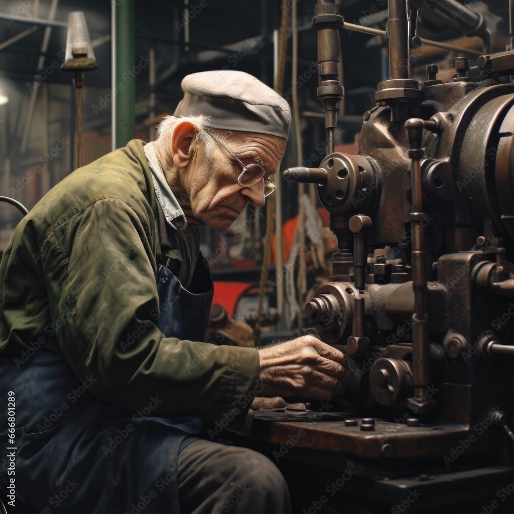 Sad tired old pensioner working An elderly person toiling at a machine in a factory g