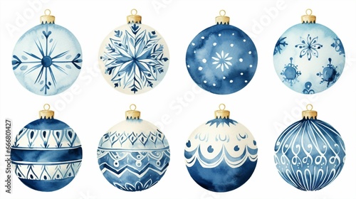 Set of blue Christmas balls watercolor ornament. Holiday decoration. Created with Generative AI technology

