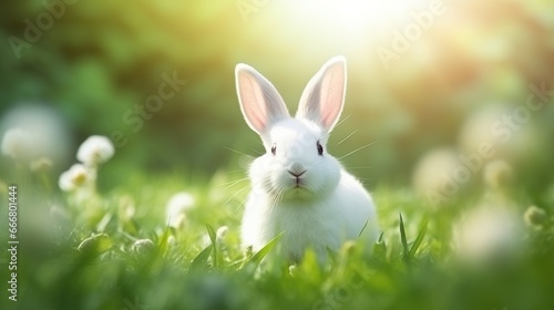 Beautiful white fluffy rabbit in green grass blurred background. AI generated image