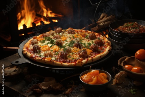 Pizza yeast flatbread, tomato sauce, cheese, herbs a traditional Italian dish stacked filling of tomato sauce, cheese ingredients such s meat, vegetables, mushrooms and other foods. pizzaiolo.