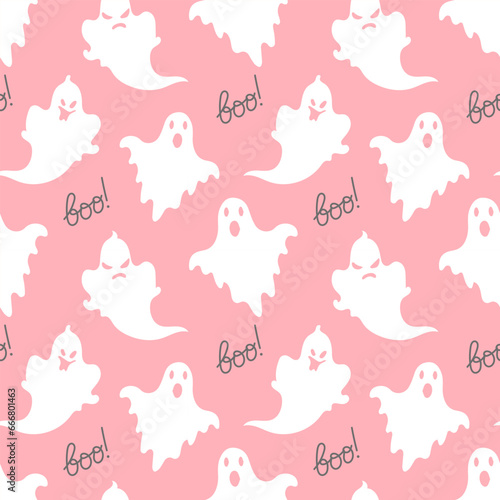 Seamless pattern, cute ghosts and the word "boo" on a pink background. Halloween print, background, textile, vector