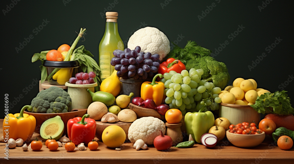 Composition with variety of raw organic vegetables and fruits. Balanced diet generativa IA Composition with variety of raw organic vegetables and fruits. Balanced diet generativa IA