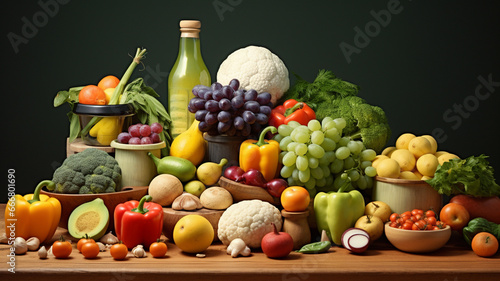 Composition with variety of raw organic vegetables and fruits. Balanced diet generativa IA