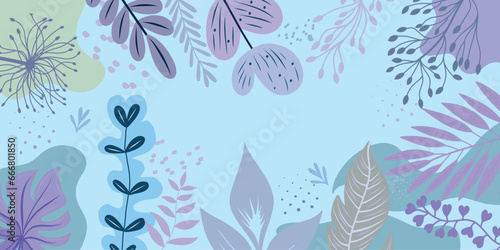 Colorful background with tropical plants. Place for your text.Pattern with tropical leaves. 