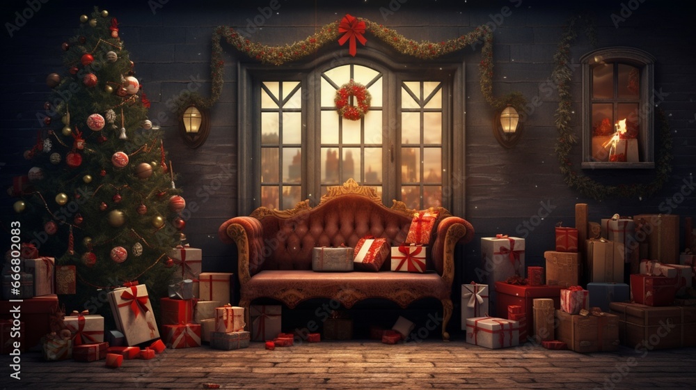 Create an attractive top-view scene of Christmas decorations with generous text space.