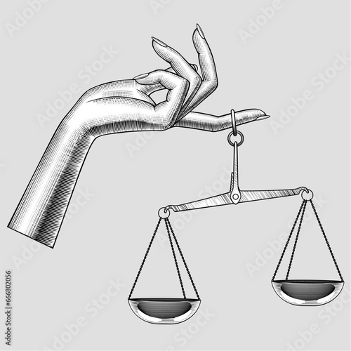 Vintage engraved drawing of woman's hand with old weight scales on her index finger. Vector illustration