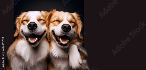 perros abrazados sonriendo, felices, concepto de amistad, compañerismo, photo