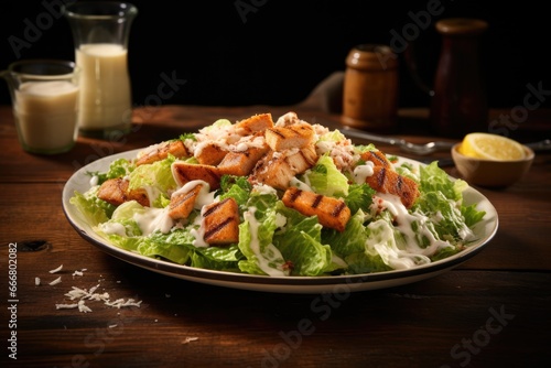 Salmon Caesar Salad: A Culinary Masterpiece Featuring Fresh Greens, Croutons, and Anchovies, Dressed in Creamy Homemade Caesar Dressing.
