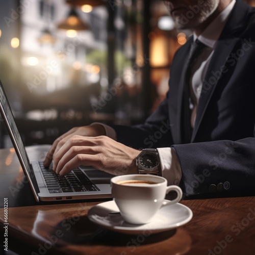 A man in a business suit working on his laptop, coffee shop in the background