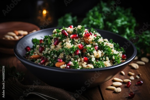 Nourishing Quinoa and Kale Salad with Cranberries and Almonds: A Fresh and Nutritious Vegetarian Dish Bursting with Flavor.

