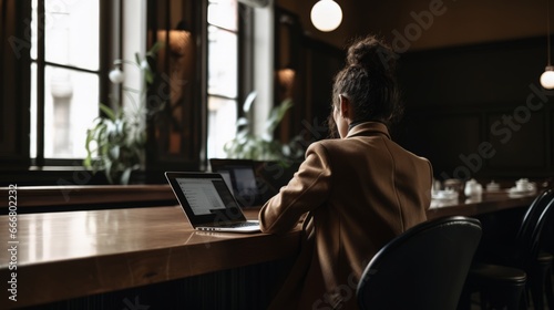 Woman in a business suit working on her laptop, on a coffeeshop.