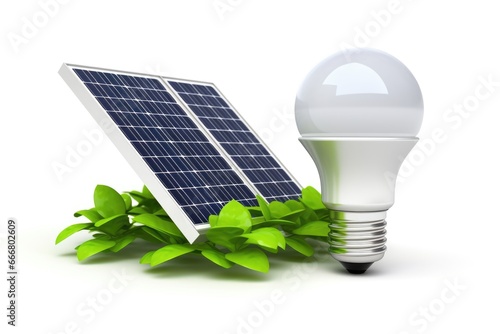 Eco LED light bulb with solar energy panels on white background