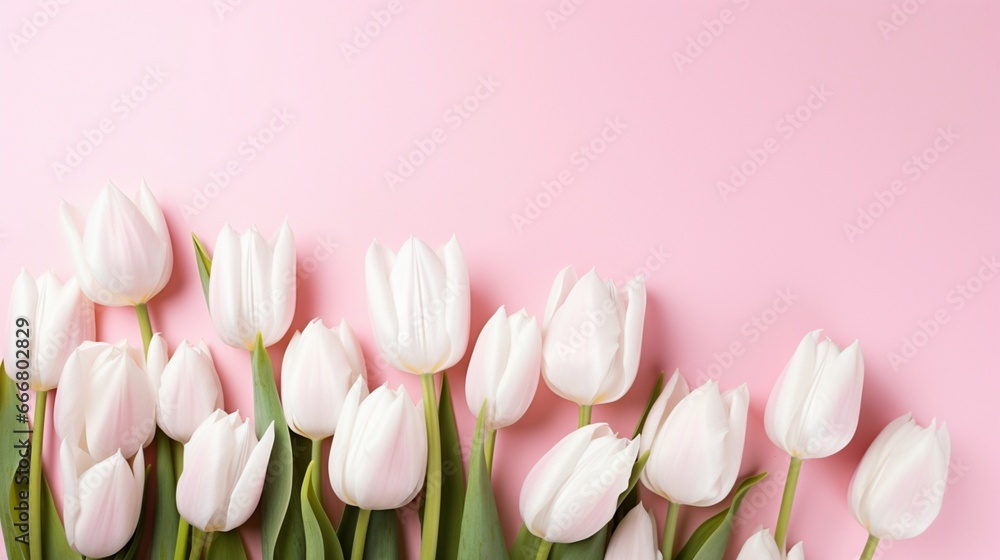 Develop a sophisticated display of white tulip flowers on a pink background, allowing for personalized text.