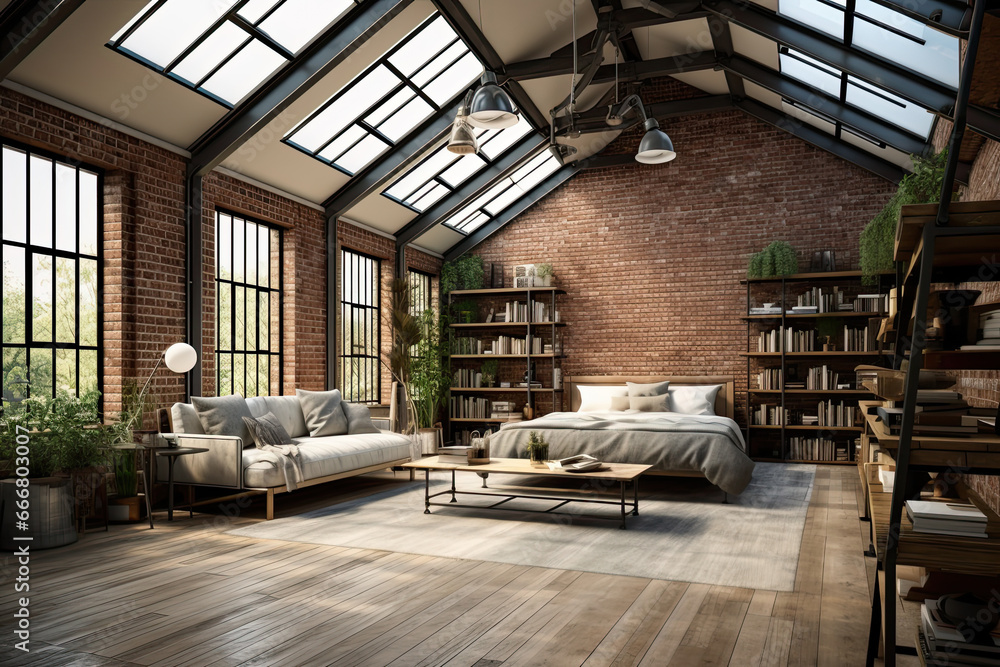 Airy Industrial-themed attic. Exposed brick walls, metal fixtures, and open shelving create an urban loft atmosphere
