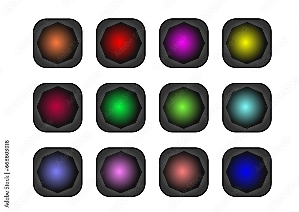 zwölf verschiedenfarbige buttons vor grauem hintergrund in 3D-optik, modernes abstraktes design, sammlung von logos zwölf verschiedenfarbige buttons vor grauem hintergrund in 3D-optik, modernes abstraktes design, sammlung von logos
