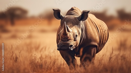 Big rhino animal in nature savanna background. AI generated image