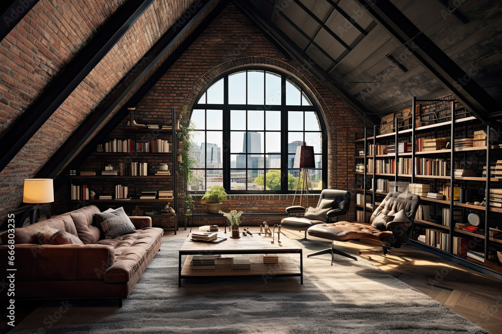 Industrial-themed attic. Exposed brick walls, metal fixtures, and open shelvings Industrial-themed attic. Exposed brick walls, metal fixtures, and open shelvings