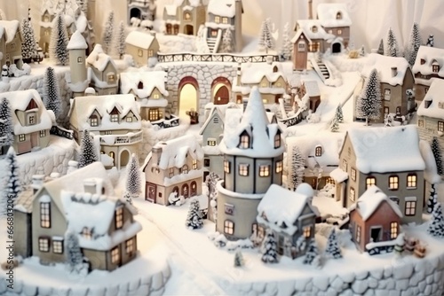 Vintage Christmas village in snowy landscape. Festive holidays. Christmas card. 3D scene. Generative AI © William