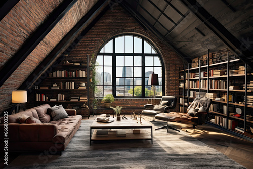 Industrial-themed attic. Exposed brick walls, metal fixtures, and open shelvings