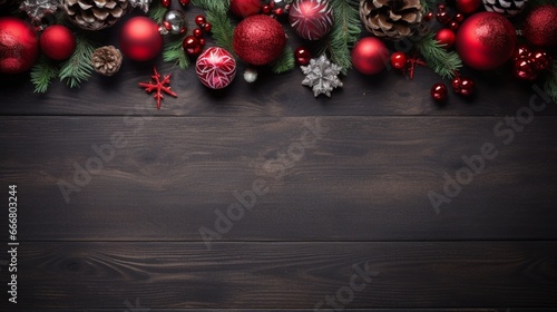 Develop an attractive top-down display of Christmas decorations with ample space for text.