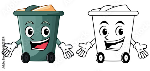 Happy Garbage bin mascot character vector image, dustbin , trash barrel , wastebin with a happy face cartoon vector image, colored and black and white line drawing stock illustration