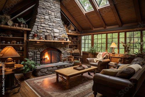 Attic floor with exposed wooden beams and rustic charm. Aged wood flooring, a stone fireplace, and vintage furnishings create a cozy cabin feel © zakiroff