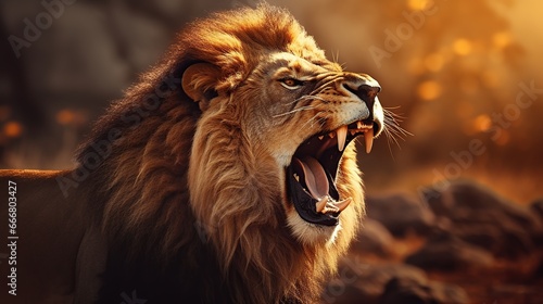 Wild lion animal open mouth with sharp fangs, nature background. AI generated image