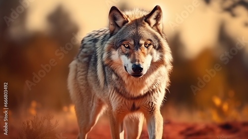 Furry dangerous iberian wolf in nature background. AI generated image