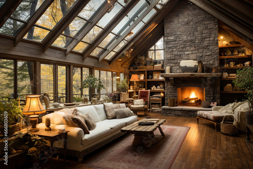 Attic floor with exposed wooden beams and large windows. Aged wood flooring, a stone fireplace, and vintage furnishings create a cozy cabin feel photo