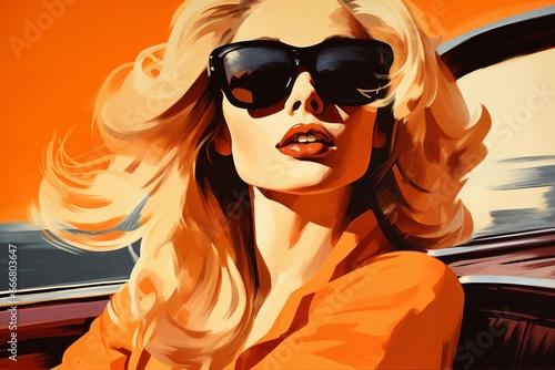 Portrait of a beautiful fashionable woman with a hairstyle and sunglasses, in a car. Bright day, orange color. Illustration poster in the style of 1960