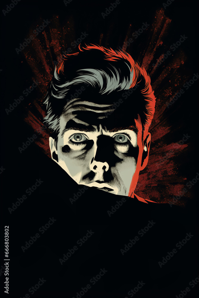 Portrait of a man at night on a brick wall background, dark night, street. Noir. Expressive look. Tense mood, anxiety and fear. Illustration poster in style of 1960 Portrait of a man at night on a brick wall background, dark night, street. Noir. Expressive look. Tense mood, anxiety and fear. Illustration poster in style of 1960