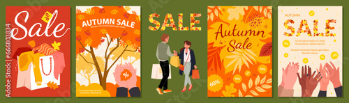 Cartoon peoples hands applaud discount offer and Sale text, shopping bag of purchases, autumn red orange foliage on advertising coupons. Autumn sales, banner or poster design set vector illustration