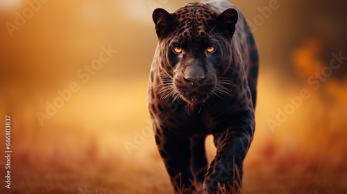 The leopard or black panther isolated on blur summer background. AI generated image © prastiwi