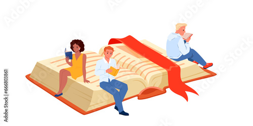 Cartoon tiny people sit on big open storybook with bookmark among spring and summer forest flowers, characters reading with curiosity. Book festival to read literature and study vector illustration