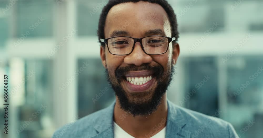 Face, smile and black man with business, glasses and office with professional, corporate and happiness. Portrait, African person and happy employee in a workplace, career and employee with eyewear Face, smile and black man with business, glasses and office with professional, corporate and happiness. Portrait, African person and happy employee in a workplace, career and employee with eyewear