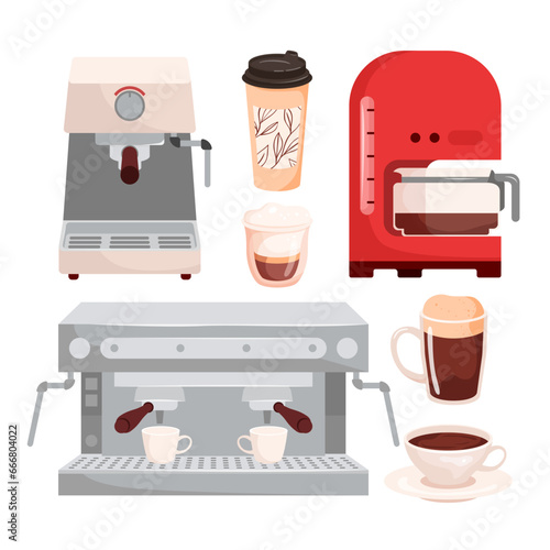 Cartoon isolated coffee shop collection of hot drink menu with caffeine, equipment for drip extraction and automatic preparation of beverage. Coffee cups, machines and makers set vector illustration