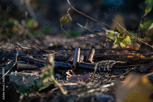 A group of several shell casings from machine gun