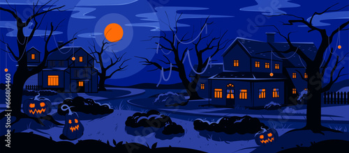 Cartoon creepy October scene with spooky buildings windows and scary pumpkin with lights, dark road of village with trees, moon in sky. Halloween magic night landscape with houses vector illustration