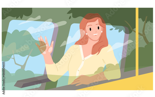 Traveling woman looking out window of train or bus vector illustration. Cartoon female young passenger character sitting on seat inside cabin, waving hand, glass reflection of green summer landscape
