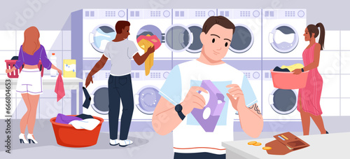 Cartoon woman and man using self service laundromat with automatic washing, drying machines, female and male customers in launderette. People wash dirty clothes in public laundry vector illustration
