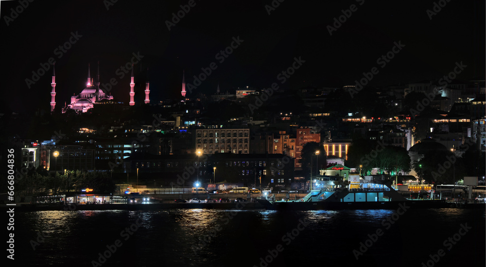 Nighttime Panorama of Old Town Istanbul to include the Lit Hagia Sophia