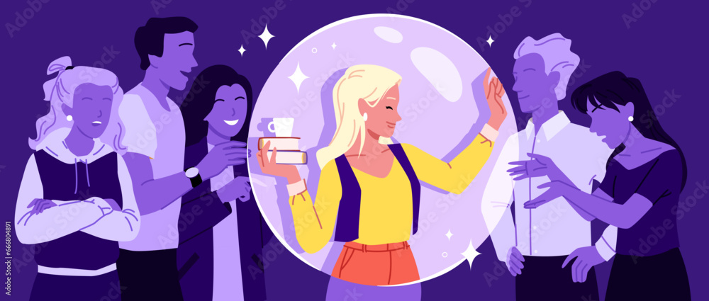 Cartoon young woman introvert holding glass bubble with comfort space to avoid unwanted communication and interaction. Personal boundary between person and crowd of people vector illustration Cartoon young woman introvert holding glass bubble with comfort space to avoid unwanted communication and interaction. Personal boundary between person and crowd of people vector illustration