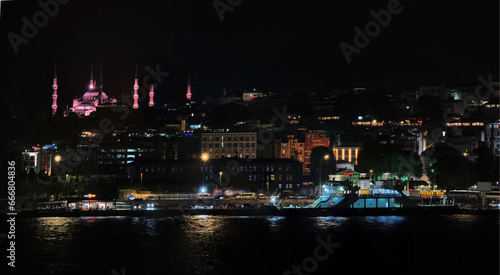 Nighttime Panorama of Old Town Istanbul to include the Lit Hagia Sophia