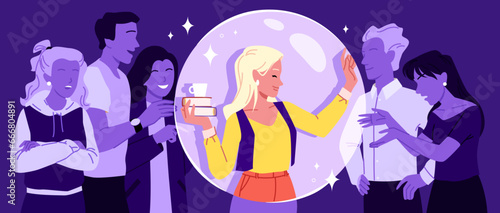 Cartoon young woman introvert holding glass bubble with comfort space to avoid unwanted communication and interaction. Personal boundary between person and crowd of people vector illustration