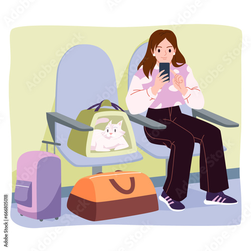 Travel with cat in carrier box vector illustration. Cartoon girl sitting in chair with mobile phone, small kitten inside container on seat, suitcase and bag for summer vacation or trip on floor